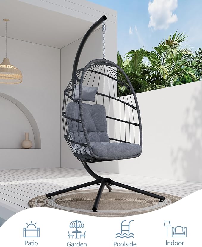 SWITTE Egg Chair Outdoor with Stand, Indoor Wicker Hanging Egg Swing Chair with Cushion, 350lbs Capacity for Patio, Bedroom, Garden - Light Grey