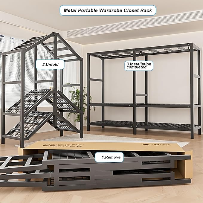 FPIGSHS Heavy Duty Clothes Rack with Magnetic Door 2000LBS Foldable Portable Wardrobe Closet for Hanging Clothing Rolling Garment Rack on Wheels for Bedroom Closet System (C(Pattern Door, 59in)