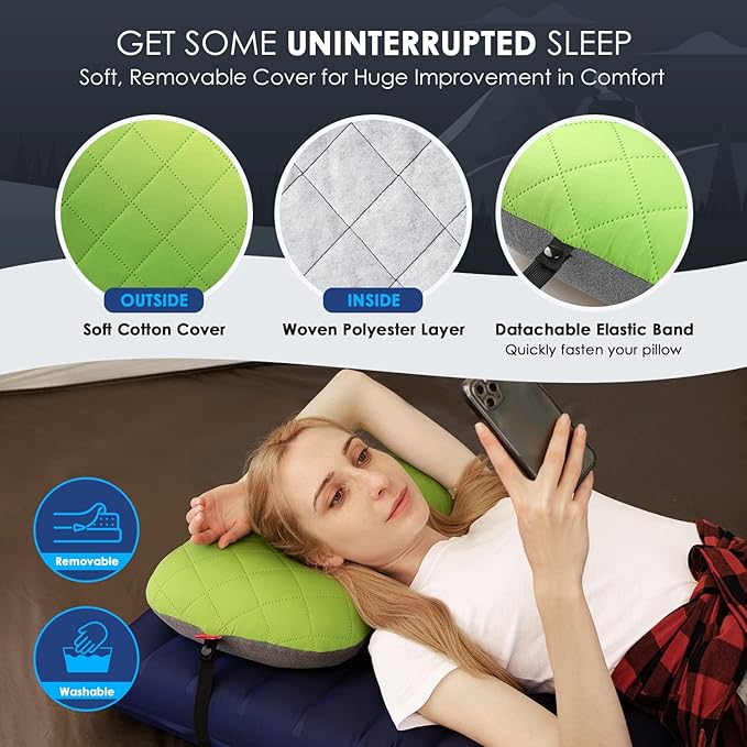 Hikenture Camping Pillow with Removable Cover - Ultralight Inflatable Pillow for Neck Lumbar Support - Upgrade Backpacking Pillow - Washable Travel Air Pillows for Camping, Hiking, Backpacking