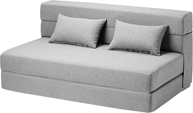 Folding Sofa Bed with Pillows- Convertible Chair Floor Couch & Sleeping Mattress, Foldable Memory Foam Sleeper for Living Room/Dorm/Guest Room/Home Office/Apartment/Loft, Full, Light Gray