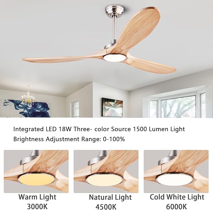 60" Wood Ceiling Fans with Lights and Remote Control,Indoor Outdoor 3 Blades Wooden Ceiling Fan for Garage,Patio,Living Rooms,Bedrooms,Offices,Farmhouse(Nickel+Raw wood)