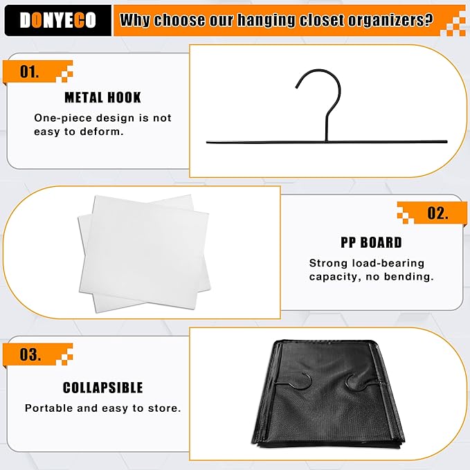 Hanging Closet Organizer - 3-Shelf, Easy Mount Foldable Wardrobe Storage Shelves for Clothes, Handbags, Shoes & Accessories - Washable Oxford Cloth Fabric, Black