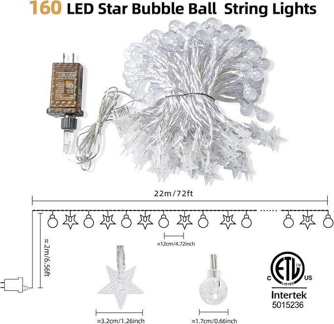 Crystal Globe & Star String Lights Plug in - 72 FT 160 LED Star Fairy String Lights with Remote Control Timer Waterproof Indoor Outdoor Hanging Globe Lights for Bedroom Wedding Party Patio Warm White