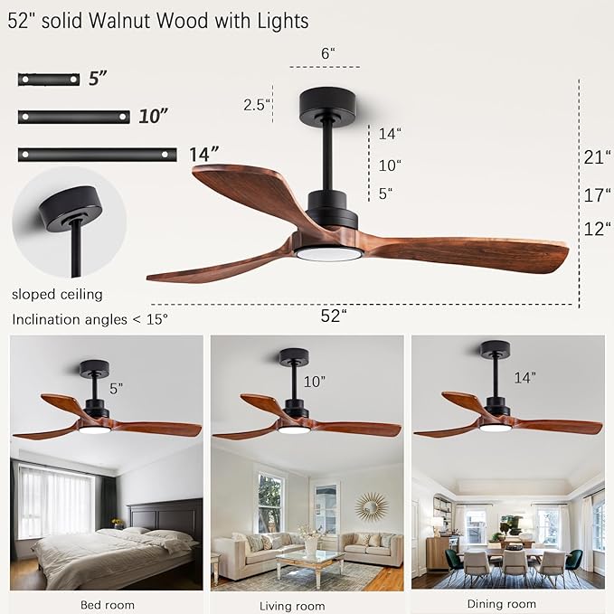 52” Ceiling Fans with Remote Control/Dimmer and Color Reduction with 3 Solid Wood Fan Blades, Ceiling Fan can be Used Indoors and Outdoors for Living Room, Dining Room, Pavilion Yard.