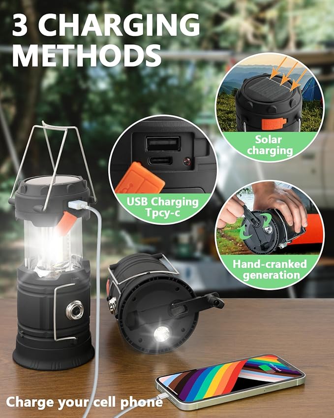Hand Crank Solar Camping Lantern, Large Capacity Portable Ultra Bright LED Torch, USB Charger, Electronic Lantern for Outdoor (1)