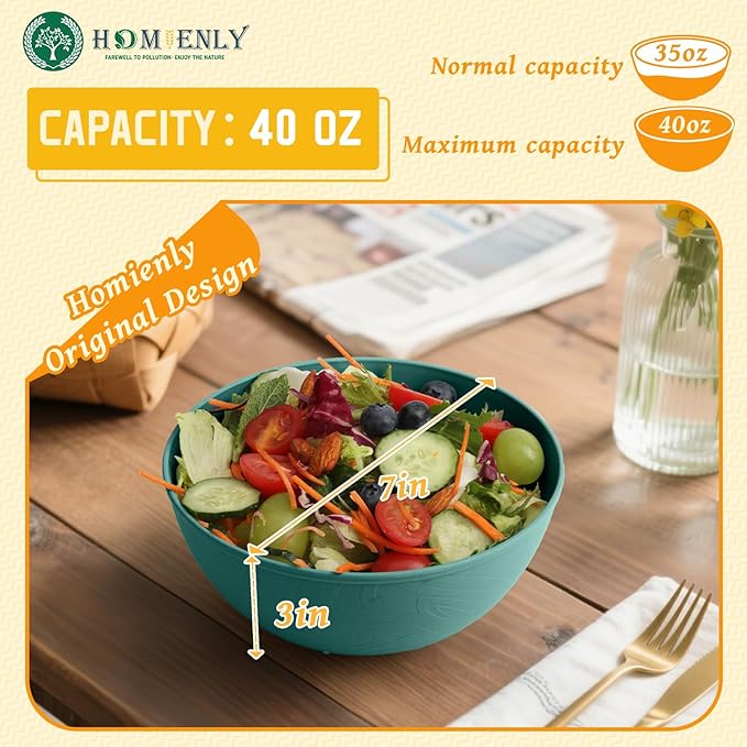 Homienly Wheat Starw Bowls, Bowl Set, Large Cereal Bowls, Serving Bowl Set of 6, Microwave and Dishwasher Safe, 40 OZ, Large Bowl for Salad, Soup, Ramen, Fruit,Dinner, Reusable, Stackable - Green