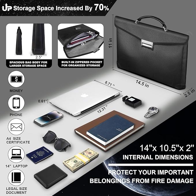Fireproof Document Bag 14.5"X11"X2.5" Fireproof Money Bag for Cash With Lock and Zipper,Fire&Waterproof Storage Organizer Pouch for Valuables,Legal Document,Laptop,Passport,(Black)