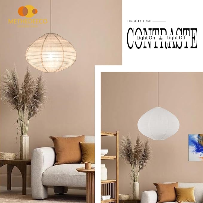 2PCS 16-inch Handmade Linen Pendant Light Shades Fabric Lampshade, Minimalist White/Beige, Foldable Hanging Lanterns for Bedroom, Living Room, Kitchen showcase window House Gift Idea