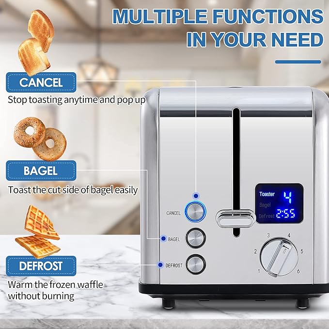 CUSIMAX Stainless Steel 2 Slice Toaster with LED Display, Extra-wide Slots, 6 Browning Settings, Cancel/Bagel/Defrost, Removable Crumb Tray, Silver