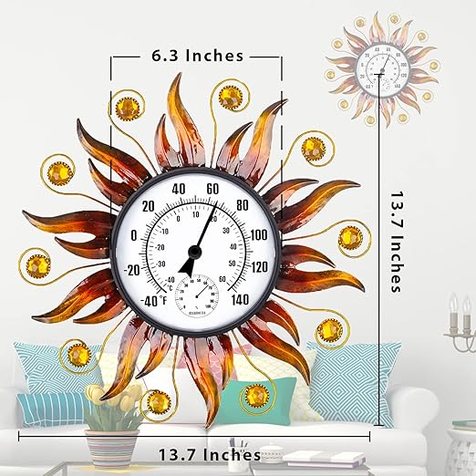 Indoor Outdoor Thermometer, Sun Wall-Mounted Thermometer with Humidity, Easy to Read Decorative Outside Thermometer for Patio, Garden, No Require Batteries