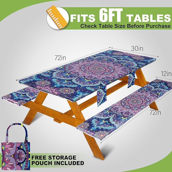 Fitted Picnic Table Cover with Bench Covers Waterproof Elastic Edges Rectangle Patio Tablecloth Outdoor Camping Essentials Stuff Rv Accessories Summer Trip Travel Camper Gifts for Woman Men, 72in 6 ft