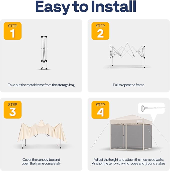 VIVOHOME 10x10ft Easy Pop-Up Canopy, Outdoor Screen Tent with Mosquito Netting, 2 Zipper Doors, and Roller Bag for Yard Camping Picnic Party Events, Beige