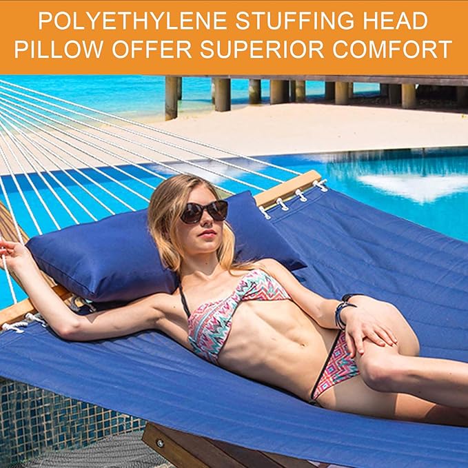 Lazy Daze Hammocks 12 FT Double Quilted Fabric Hammock and 13 FT Natural Wooden Arc Stand, with Spreader Bar, Removable Pillow, 2 Person Hammock for Outdoor Patio Poolside, 450 lb Capacity, Navy Blue