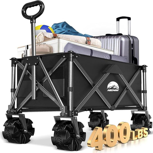 Collapsible Foldable Wagon Cart Heavy Duty,Beach Wagon with Big Wheels,Utility Grocery Wagons Carts with Side Pocket for Outdoor Garden,Camping,Shopping and Sports, Y-Black