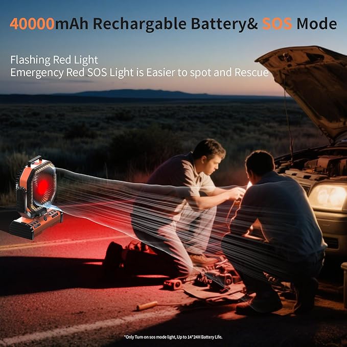 12 Inch Portable Camping Fan, 40000mAh Rechargeable Battery Powered Fan with 4 Speeds Wind and LED Light 140H, Cool & Warm Light and SOS Mode, Auto Oscillating, 360° Rotating Hang Hook(Orange)