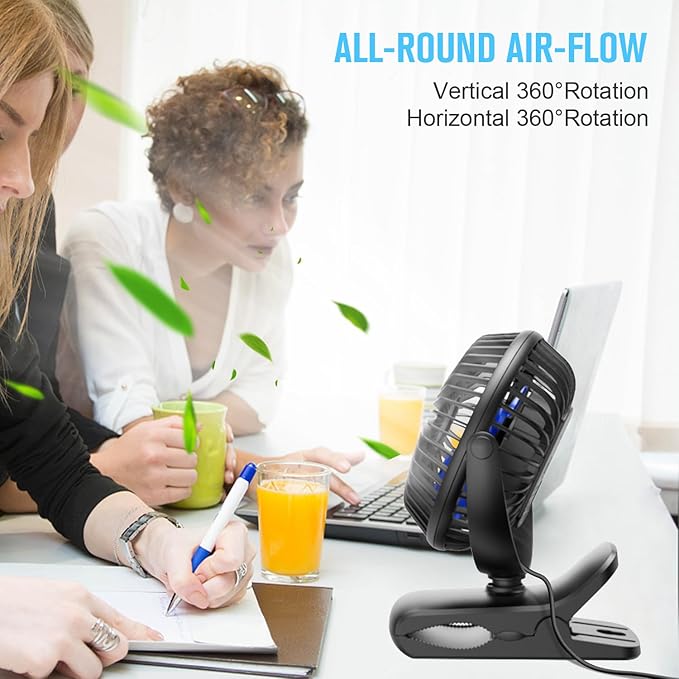 BESKAR USB Clip on Fan, Portable Small Fan with Cord Powered, 3 Speeds Strong Airflow, with Sturdy Clamp, Quiet Personal Desk Fan
