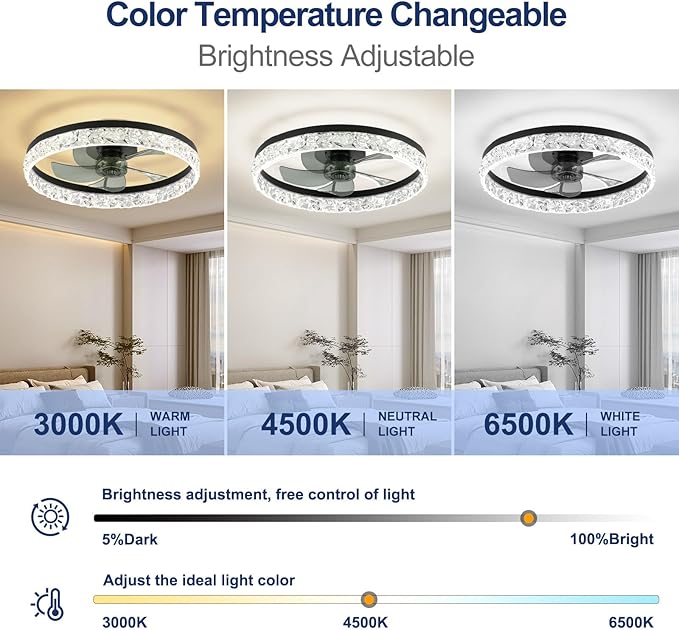 Ceiling Fans with Lights and Remote, 20 Inch Ceiling Fan with Light, Low Profile Reversible Fandelier Ceiling Fan, Dimmable LED, Flush Mount, Low Noise DC Motor, for Bedroom Kitchen Small Room