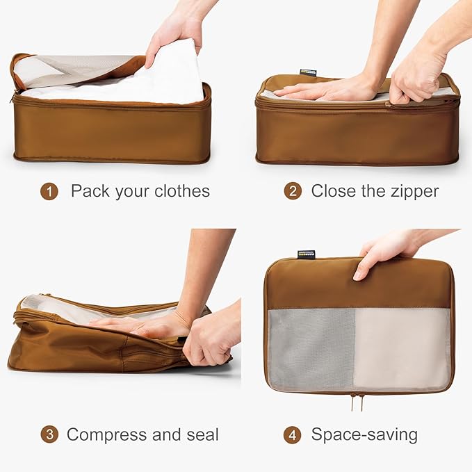 4 Set Compression Packing Cubes for Travel, Suitcases and Backpack Space Saving Organizers (Dark Brown)