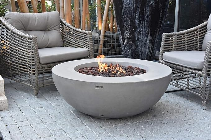 Elementi Lunar Bowl Cast Concrete Fire Table, Outdoor Fire Pit Fire TablePatio Furniture, Light Gray (Natural Gas)