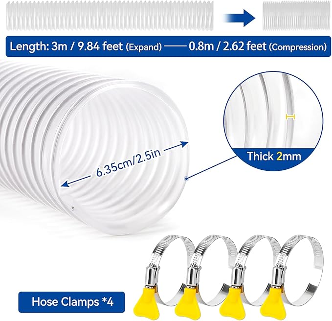 2.5 In x 10 Ft Heavy PVC Dust Collection Hose With 4 Clamps, Puncture Resistant and Flexible Clear Fume Hose With Carbon Steel Wire Coil for Woodworking and Dust System