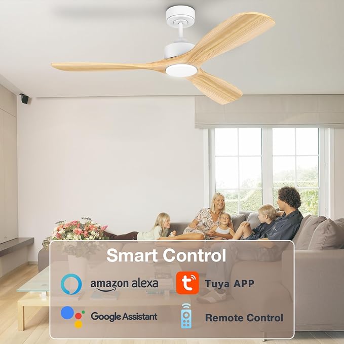 52” Wood Smart Ceiling Fans with Lights Remote,Quiet DC Motor,Outdoor Indoor Ceiling Fan,Voice Control via WIFI Alexa App,Dimmable,Modern Light Wood Ceiling Fan for Bedroom Patio Porch