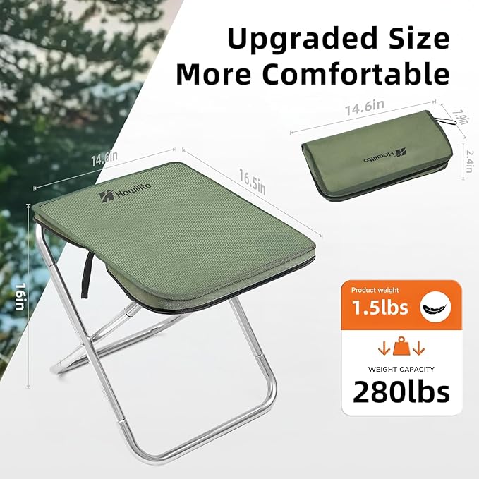 Camping Stool, 16in Tall Portable Folding Stool with Carry Bag, Upgraded Ultralight Chair with Roomy Seat for Adults, Holds 280lbs, Ideal for Hiking, Fishing, Outdoor Use, Green
