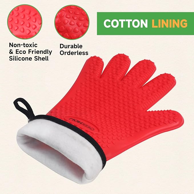 GEEKHOM BBQ Gloves Heat Resistant Oven Mitts - Silicone Grilling Gloves with 14" Long Arm Protection - Waterproof Pot Holder Non-Slip for Men & Women, Kitchen Cooking, Baking, Camping, Red