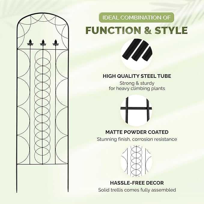 Idzo 71 in. Decorative Metal Trellis for Climbing Plants Outdoor, Heavy-Duty Steel Garden Trellis with Durable Powder Coating, Black