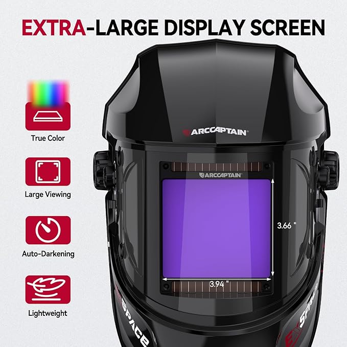 ARCCAPTAIN 3.94"X3.66" Welding Helmet Auto Darkening, 1/1/1/1 Top Optical Clarity Large Viewing Screen Solar Power Welding Hood with 4 Arc Sensor, Wide Shade 4-5/5-9/9-13 for TIG MIG ARC Welding CUT