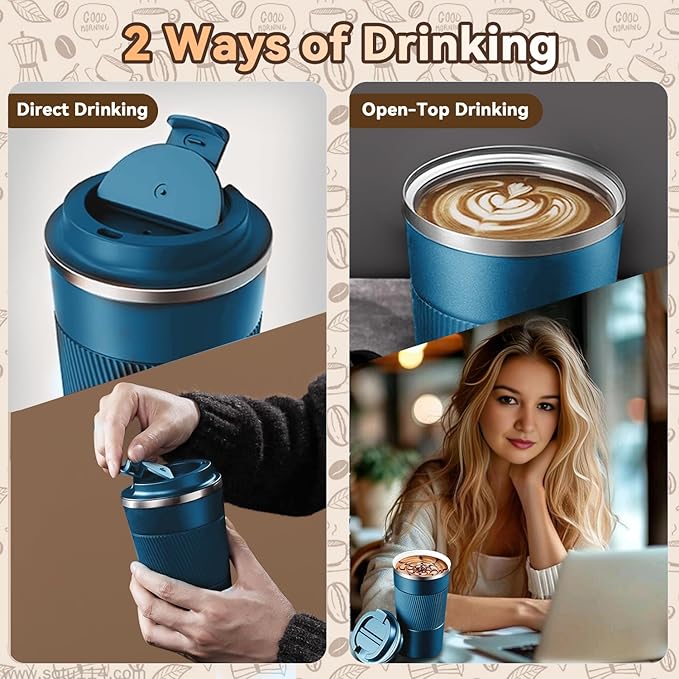 12OZ Travel Coffee Mug Insulated Coffee Cup with Spill Leak Proof Lid, Portable Stainless Steel Tumbler Reusable Hot and Cold Water Mug for Car, Daily, Camping- Blue