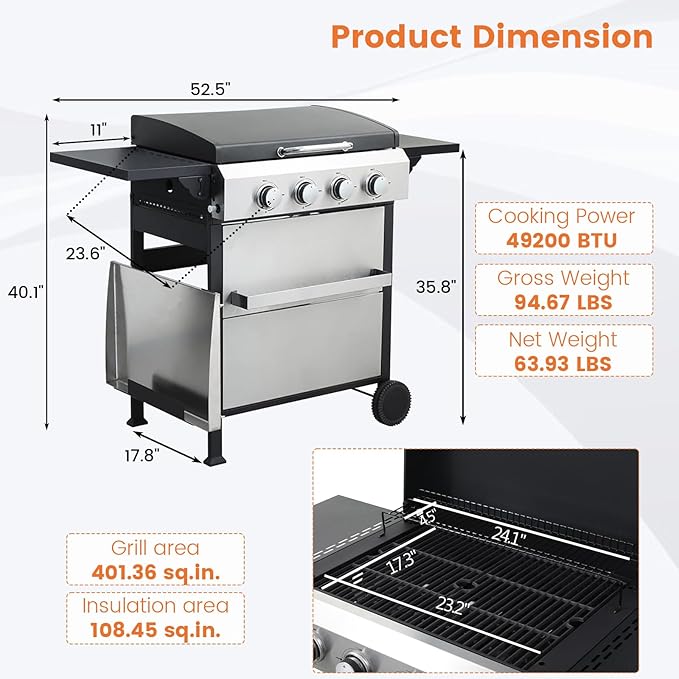 4-Burner Propane Gas BBQ Grill, SS Plancha, 49200BTU Stainless Steel Barbecue Grill With Wire Enamel Cooking Grids Foldable Side Table for Outdoor Camping(Style8: 4-Burner with SS Plancha)