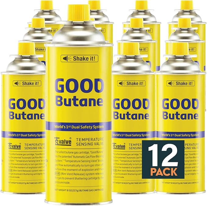 8oz Butane Fuel Canisters Cylinders with Dual Safety System for Portable Gas Stove, Camping Stoves, Gas Burners, UL Listed, Made in Korea (12 Pack)