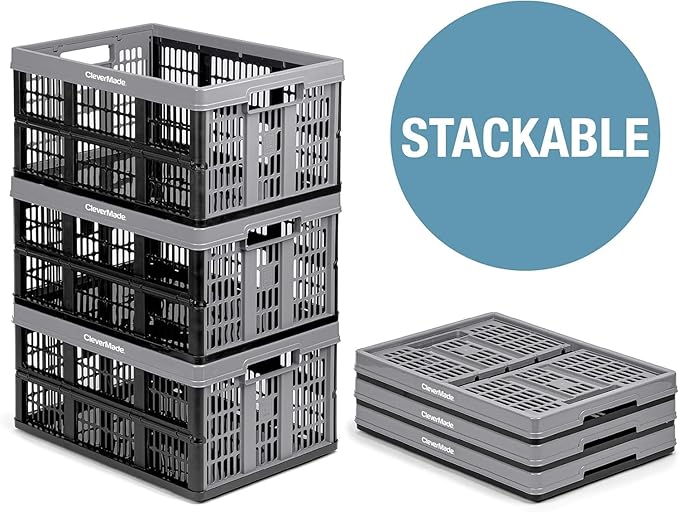 CleverMade Collapsible Utility Crates-Obsidian 3pck 45L / 11 Gal holds 66 lbs - Stackable Containers Heavy Duty Capacity Crates Space-Saving Baskets