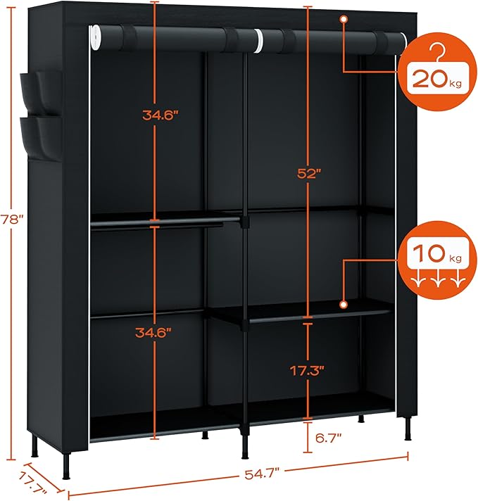 Clothes Rack, Portable Closet, 54.7 Inch Large Capacity Wardrobe Closet with Cover, Clothes Storage Organizer with Shelves and 3 Hanging Rods, Easy to Assembly, Black PCT122B01
