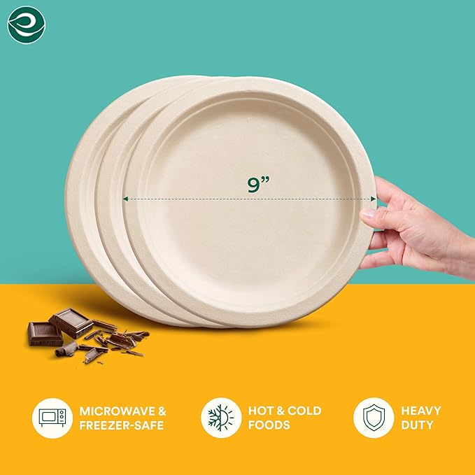 ECO SOUL 100% Compostable 9 Inch Paper Plates 500 [4x125 Pc] Disposable Heavy Duty Eco-Friendly Sturdy Dinner, Wedding, Event Plates I Biodegradable Unbleached Sugarcane Eco Plates