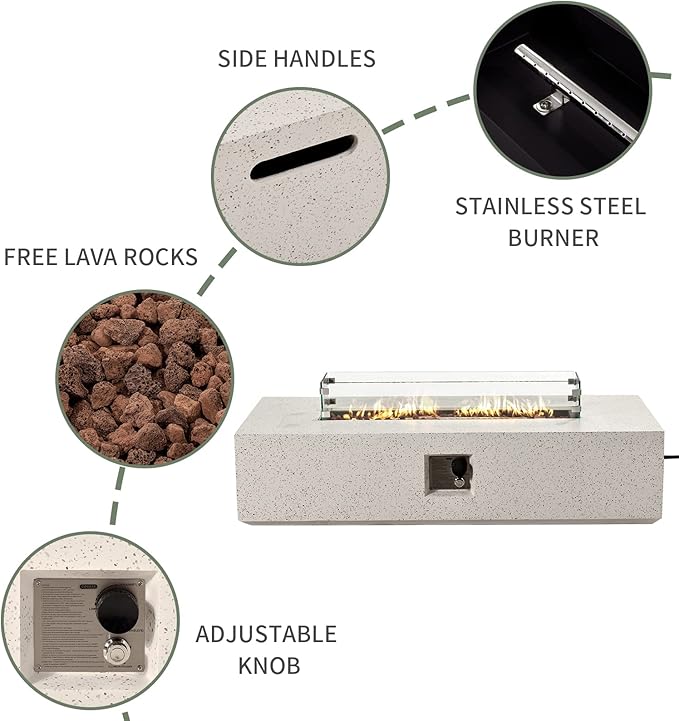 COSIEST 2-Piece Outdoor Propane Fire Table Set, Rectangle Concrete 56-inch x 28-inch Fire Pit (CSA Certified, 50,000 BTU) w 20lb Tank Table, Wind Guard, Waterproof Cover for Garden, Porch, Backyard