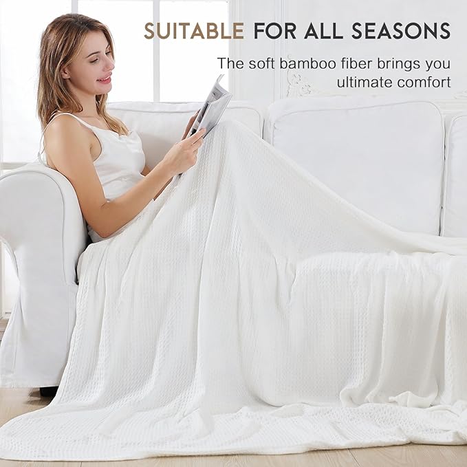AmyHomie Cooling Waffle Blanket King Size, 100% Rayon Derived from Bamboo, Cool Summer Blanket for Hot Sleepers Comfy Lightweight Soft Blankets for All Seasons (White, 108×90in)