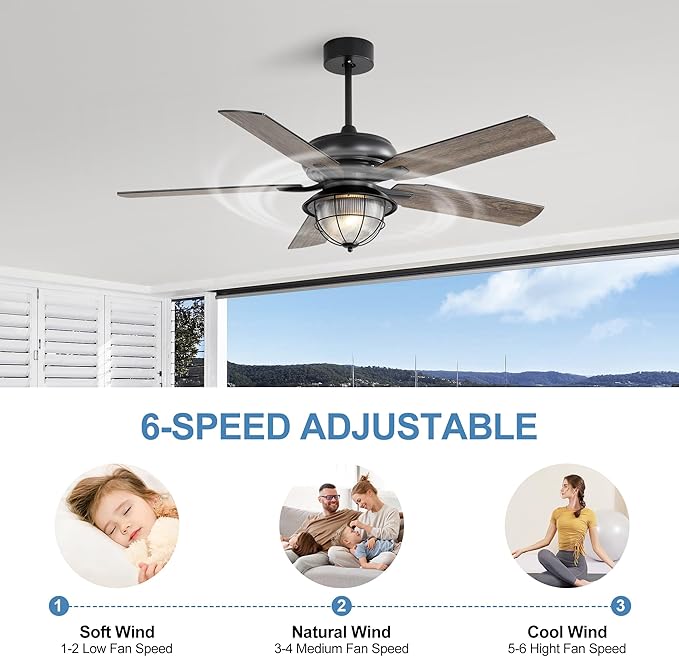 52 Inch Modern Ceiling Fan with Lights Remote,6 Speed Reversible DC Motor Waterproof and Moisture-Proof Ceiling Fan with Patio Bedroom Living Room