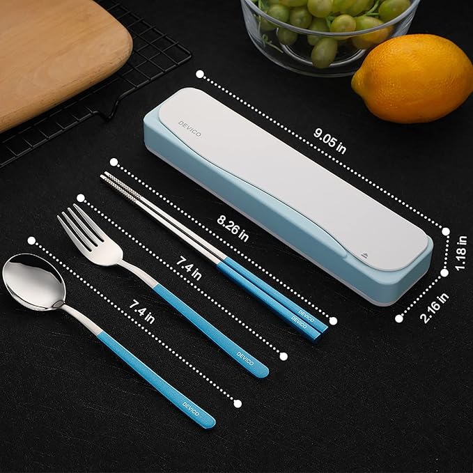 DEVICO Travel Utensils With Case, 18/8 Stainless Steel Camping Utensils, Reusable Portable Silverware Cutlery Set For Lunch Box, Include Fork Spoon Chopsticks