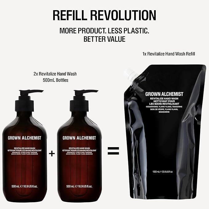 Grown Alchemist Revitalize Hand Wash Refill Pouch. Cedarwood, Ylang Ylang, Tangerine. Gentle Hand Wash Hydrates & Cleanses Skin, (1L).