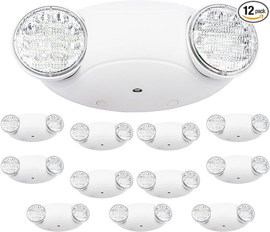 LIT-PaTH LED Emergency Lighting Fixtures with 2 LED Bug Eye Heads and Back Up Batteries- US Standard Exit Light, UL 924 and CEC Qualified, 120/277 Voltage, White, 12-Pack