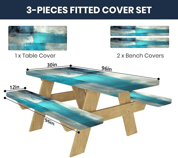 CAPSCEOLL Picnic Table Cover with Bench Covers 8Ft Waterproof Fitted Camping Tablecloth All-Weather Outdoor Table Protector with Drawstring Bag for Camping Essentials, 96X30In, Blue White