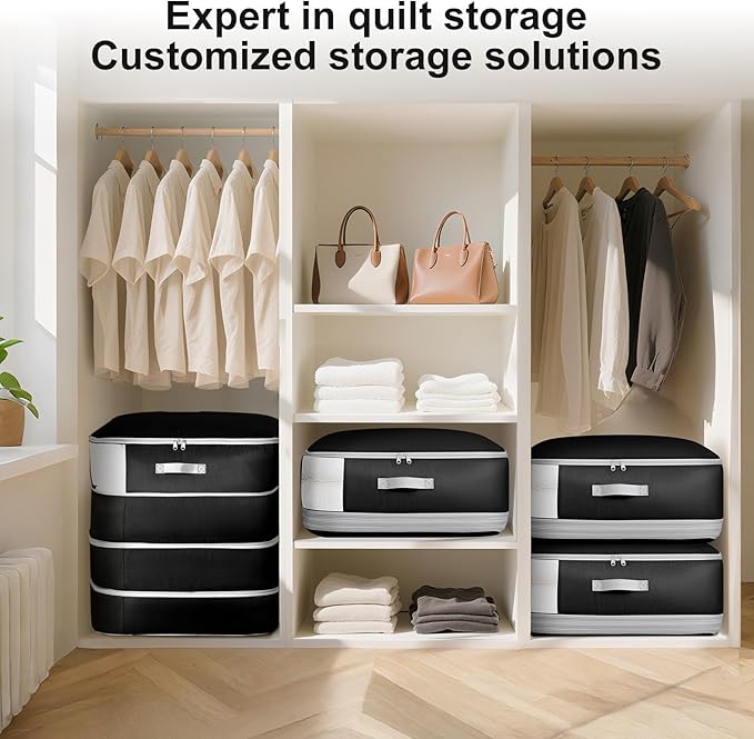 Comforter Storage Bag - 130L Large Capacity Blanket Storage Bags 4-Layer Ultra Space Saving Self Compression Organizer, Washable Compression Bags for Storage Comforter Blanket, 2-Pack, Black