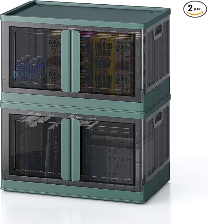 19Gal Collapsible Storage Bins with Lids & Wheels - 2 Pack Stackable with Doors, Heavy-Duty Plastic Containers for Home/Office, Green