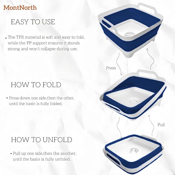 Collapsible Wash Basin 9L, Foldable Dish Tub with Drain Plug, Portable Collapsible Dish Basin, Camping Sink for Washing Dishes, Laundry & Kitchen Use (Navy Blue)
