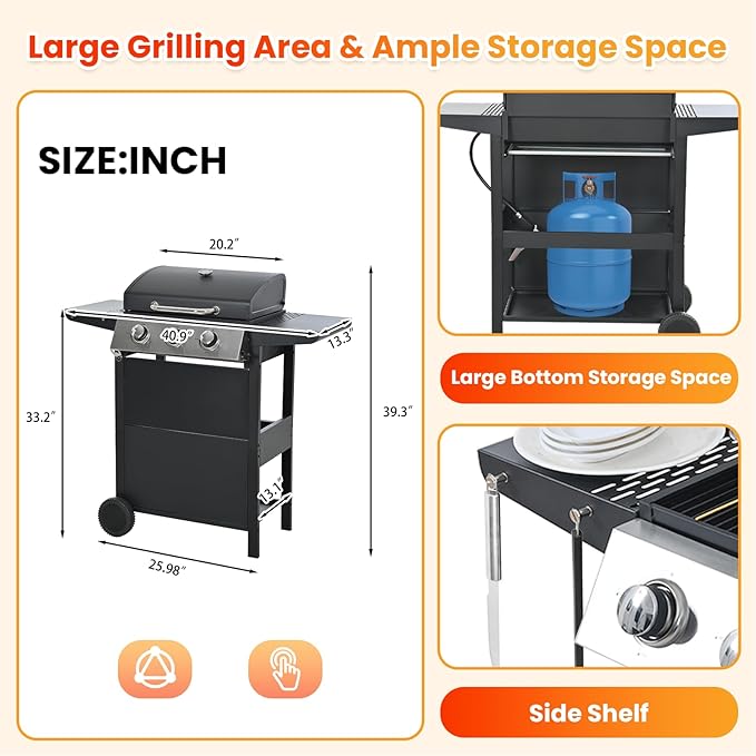 3-Burner Propane Gas BBQ Grill, Porcelain-Enameled Cast Iron Grates and 2 Foldable Side Tables, 25,650 BTU Stainless Steel Grill for Outdoor Camping Barbecue Grilling Backyard Cooking