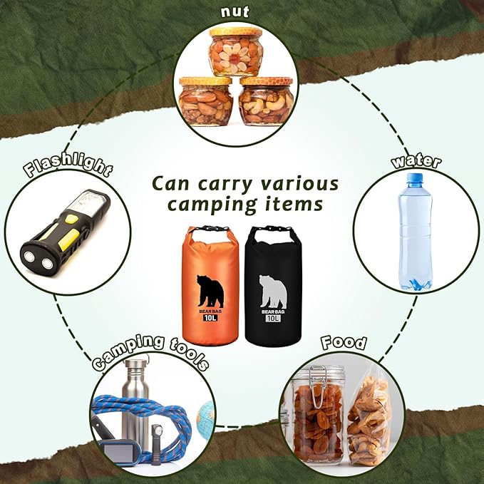 2 Pcs 10L Waterproof Bear Bags with 4 Nylon Ropes, 4 Clips & 2 Rock Pockets & 2 Small Warning Bells for Hanging Food securely. Ultralight Camping Food Bag System.