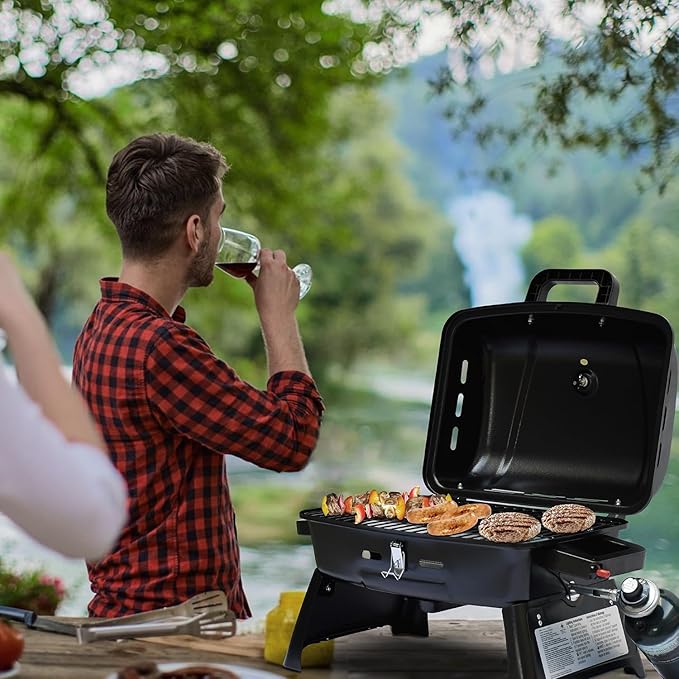 BrandMan Portable 1-Burner Tabletop Propane Gas Grill – Compact BBQ Grill with 239.9 sq.in Cooking Area, Lid Lock, Thermometer & Foldable Legs for Camping, Tailgating & Outdoor Cooking