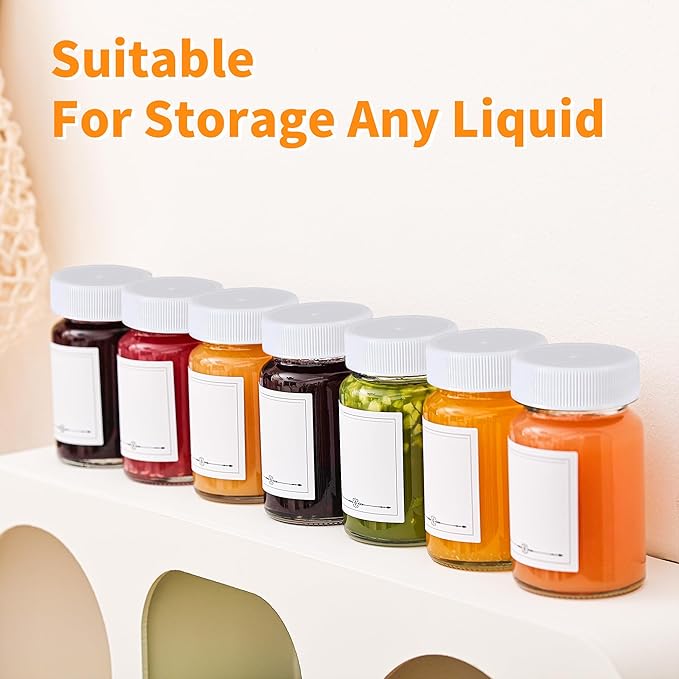 8 Pack, 2 oz Glass Shot Bottles w/White Caps & Labels - Small Clear Jar for Ginger, Wellness Shot, Juice, Sample, Whiskey - Travel Essentials Mini Bottles - Wide Mouth, Leakproof, Dishwasher Safe