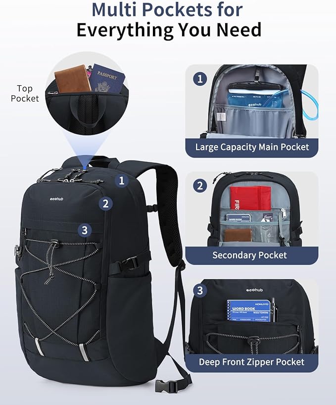 ECOHUB Hiking Backpack 30L Travel Backpack Lightweight Casual Daypack Water Resistant Camping Bag Outdoor Sports Back pack for Men Women